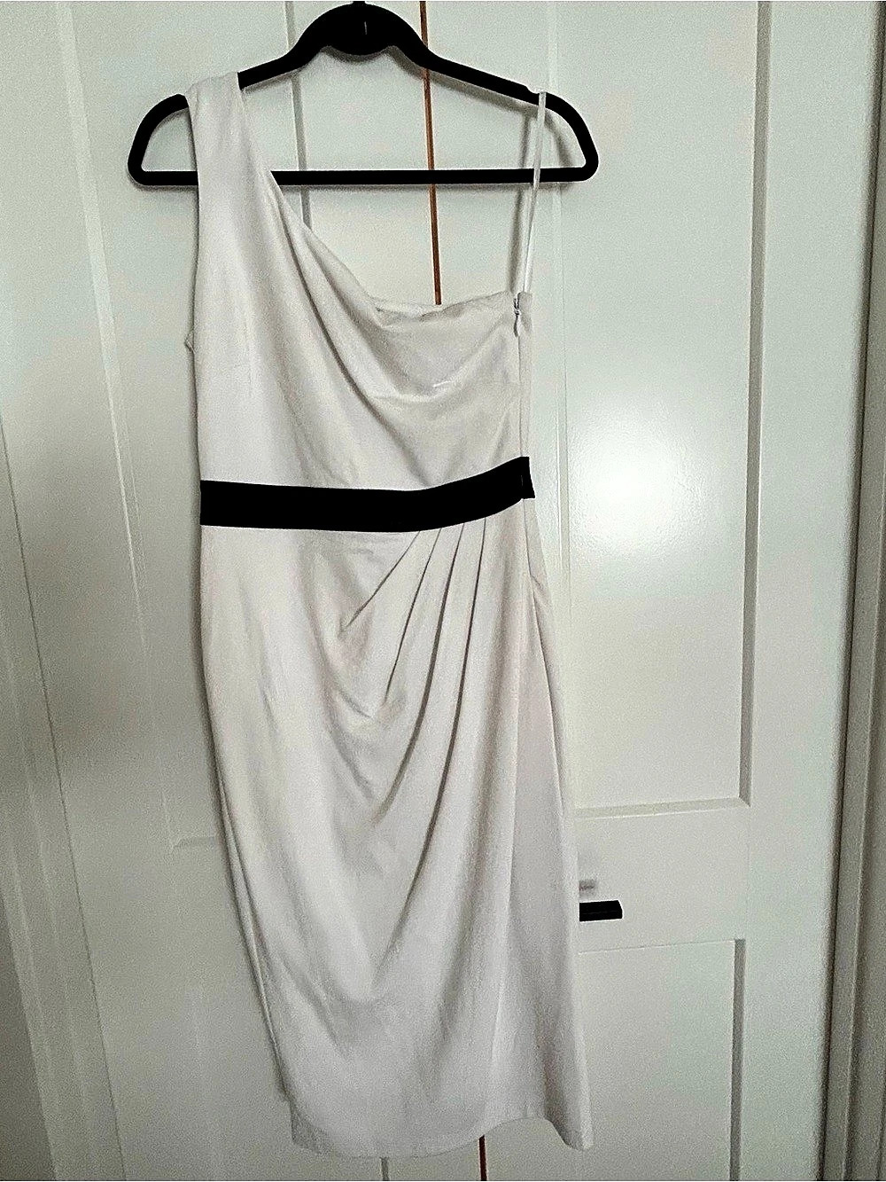 Bebe One Shoulder Sleeve Draped Midi White with Black waist dress, Medium NWT